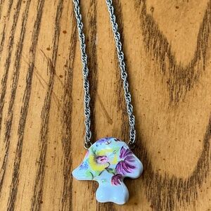 Vintage Porcelain Pendant On Silver Toned Rope Style Chain